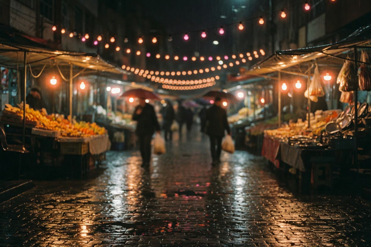 Night street with warm stall lights, still from Ordinary Nights