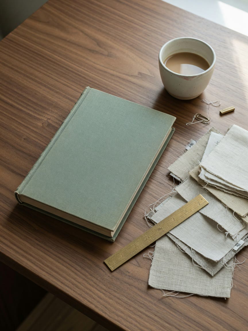 Cloth-bound brand book and material samples on a walnut desk