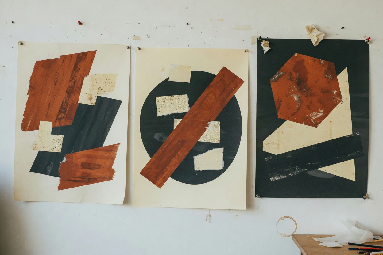Three abstract geometric posters on a white studio wall